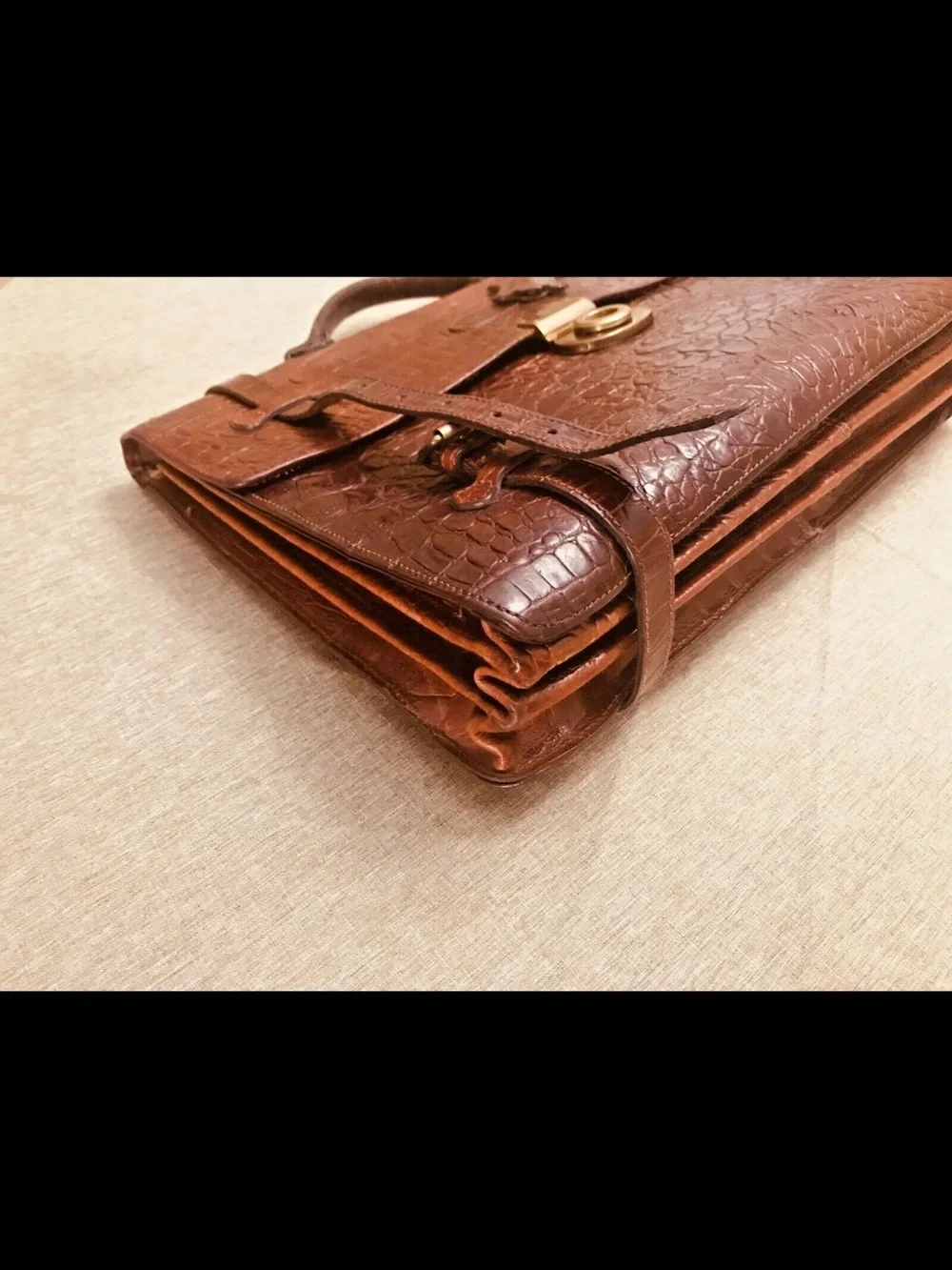 Mulberry Dark Brown Croc-Embossed Leather Briefcase with Gold Hardware